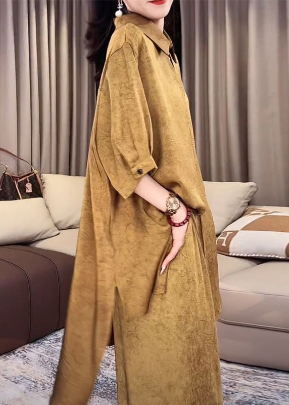 Loose Gold Peter Pan Collar Side Open Silk Two Pieces Set Half Sleeve