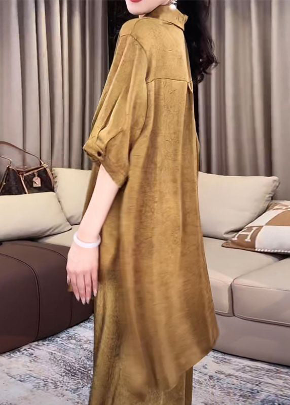 Loose Gold Peter Pan Collar Side Open Silk Two Pieces Set Half Sleeve