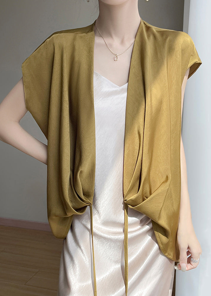 Loose Gold V Neck Lace Up Silk Shirts Summer
