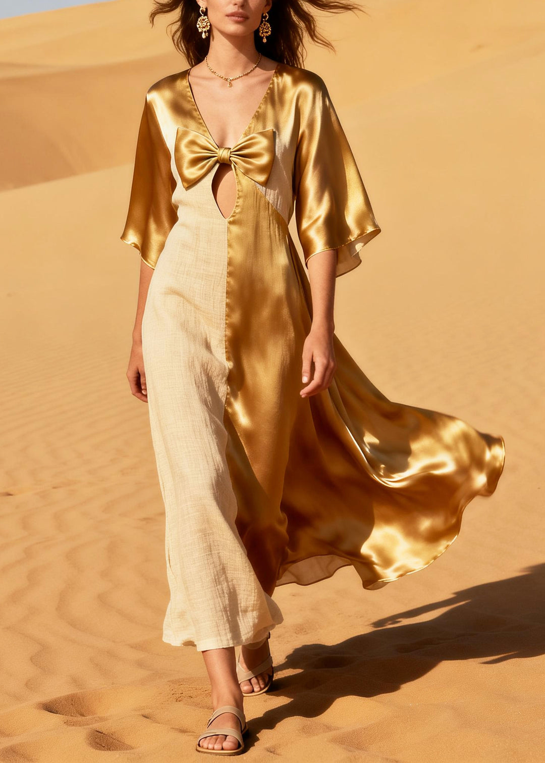 Loose Golden Bow Patchwork Linen Silk Sundress Summer