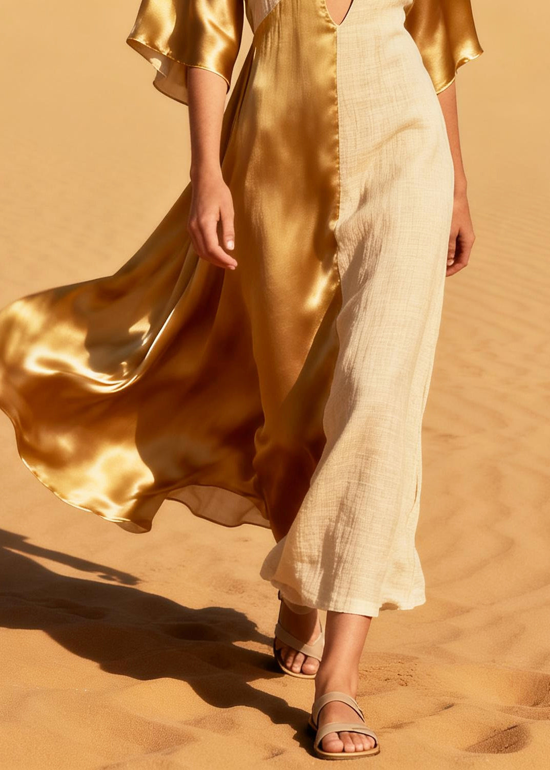 Loose Golden Bow Patchwork Linen Silk Sundress Summer
