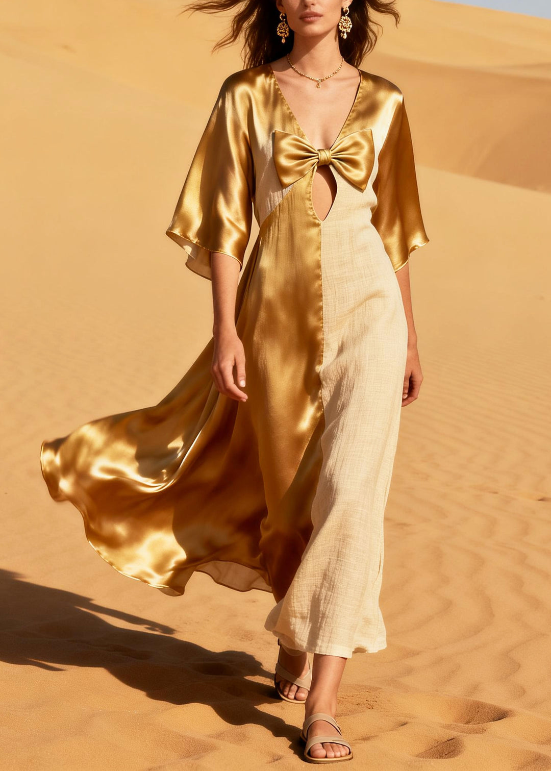 Loose Golden Bow Patchwork Linen Silk Sundress Summer