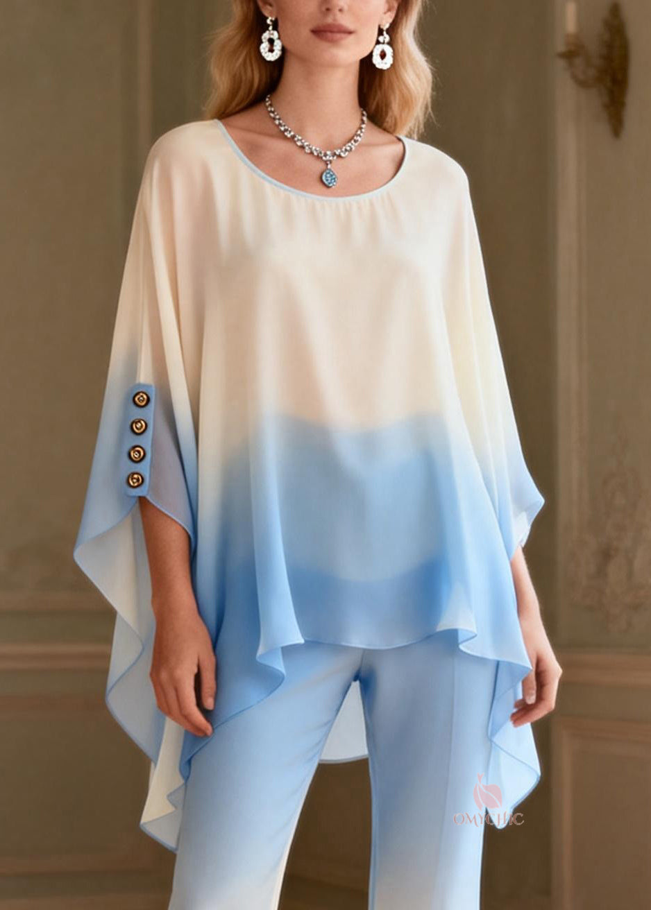 Loose Gradient Color O-Neck Low High Design Chiffon Two Pieces Set Spring