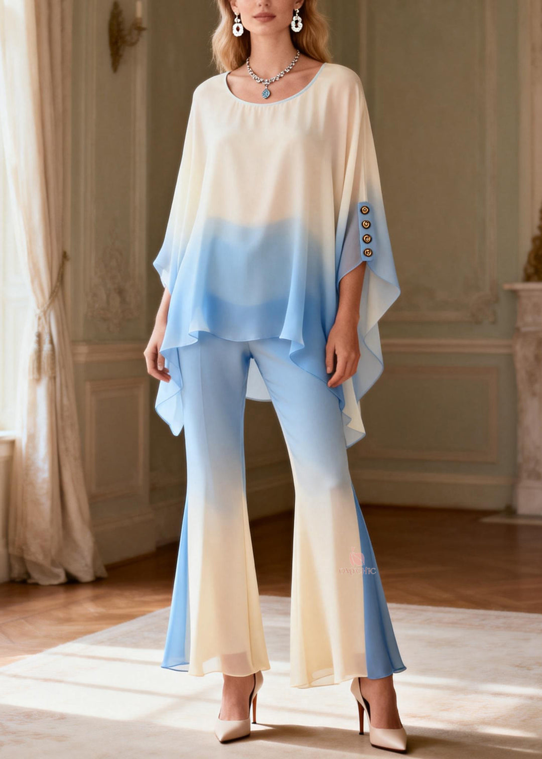 Loose Gradient Color O-Neck Low High Design Chiffon Two Pieces Set Spring