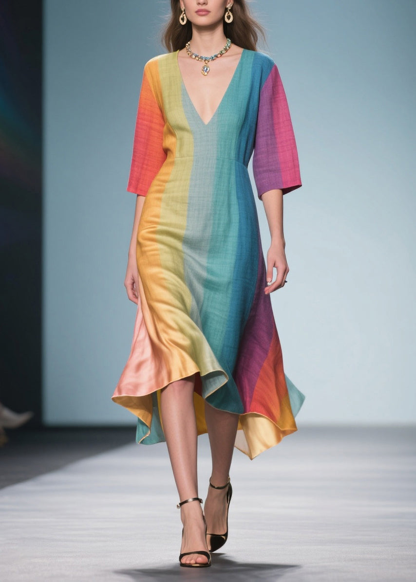 Loose Gradient Color V Neck Linen Silk Maxi Dress Summer