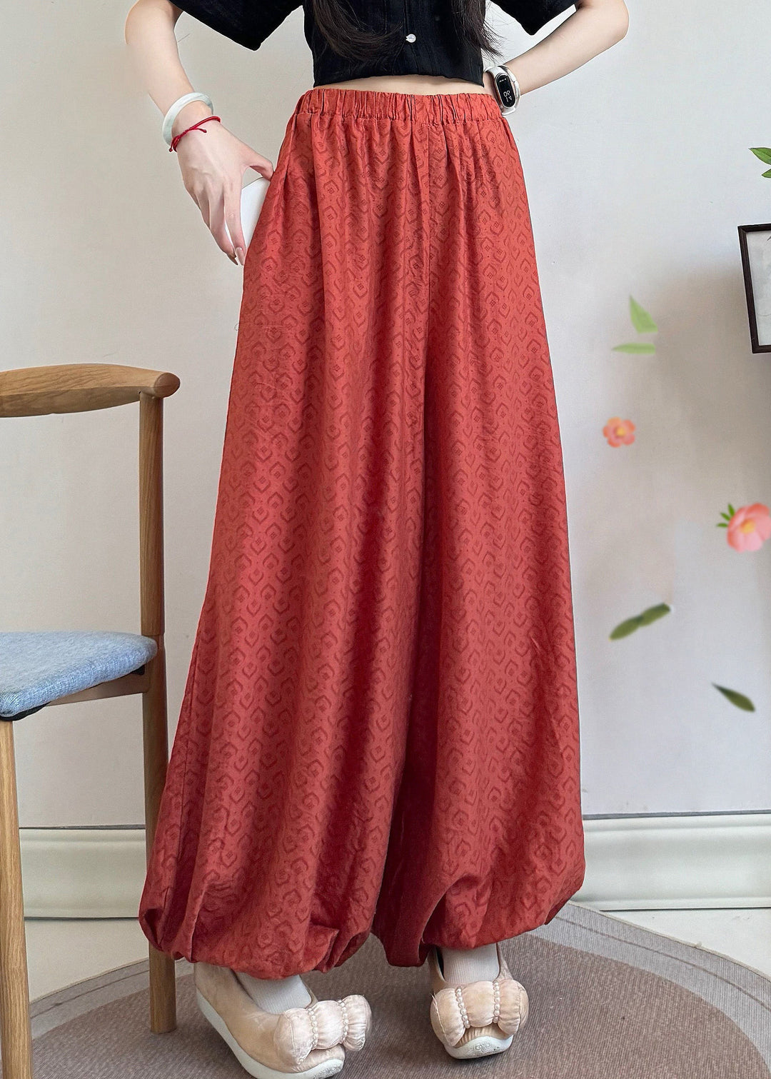 Loose Grass Green Tasseled Print Cotton Pants Fall