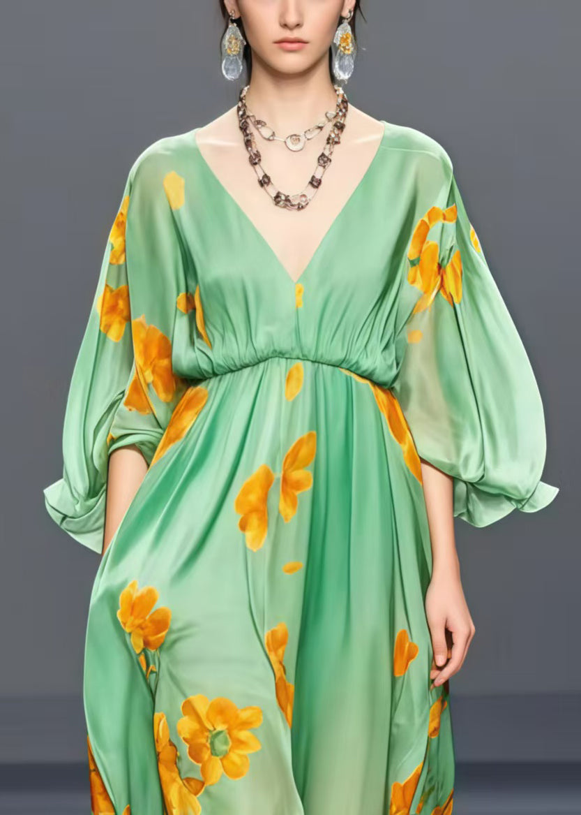 Loose Grass Green V Neck Floral Silk Long Dress Lantern Sleeve