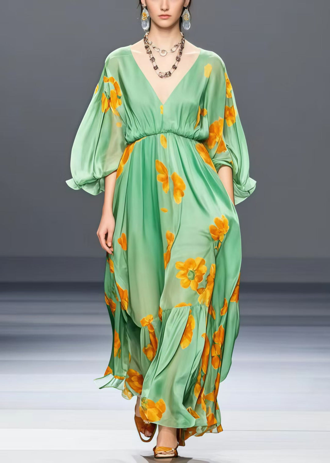 Loose Grass Green V Neck Floral Silk Long Dress Lantern Sleeve