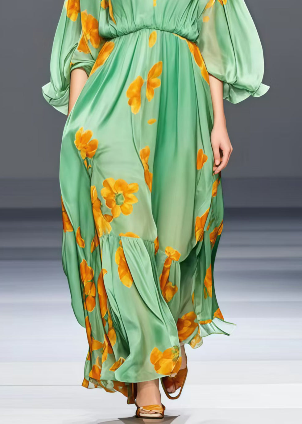 Loose Grass Green V Neck Floral Silk Long Dress Lantern Sleeve