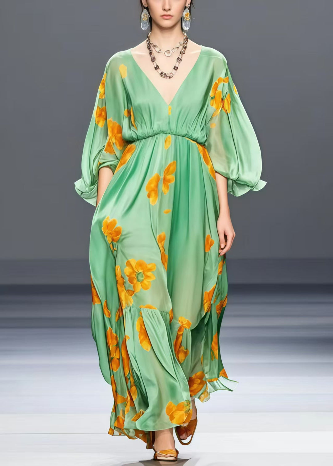 Loose Grass Green V Neck Floral Silk Long Dress Lantern Sleeve