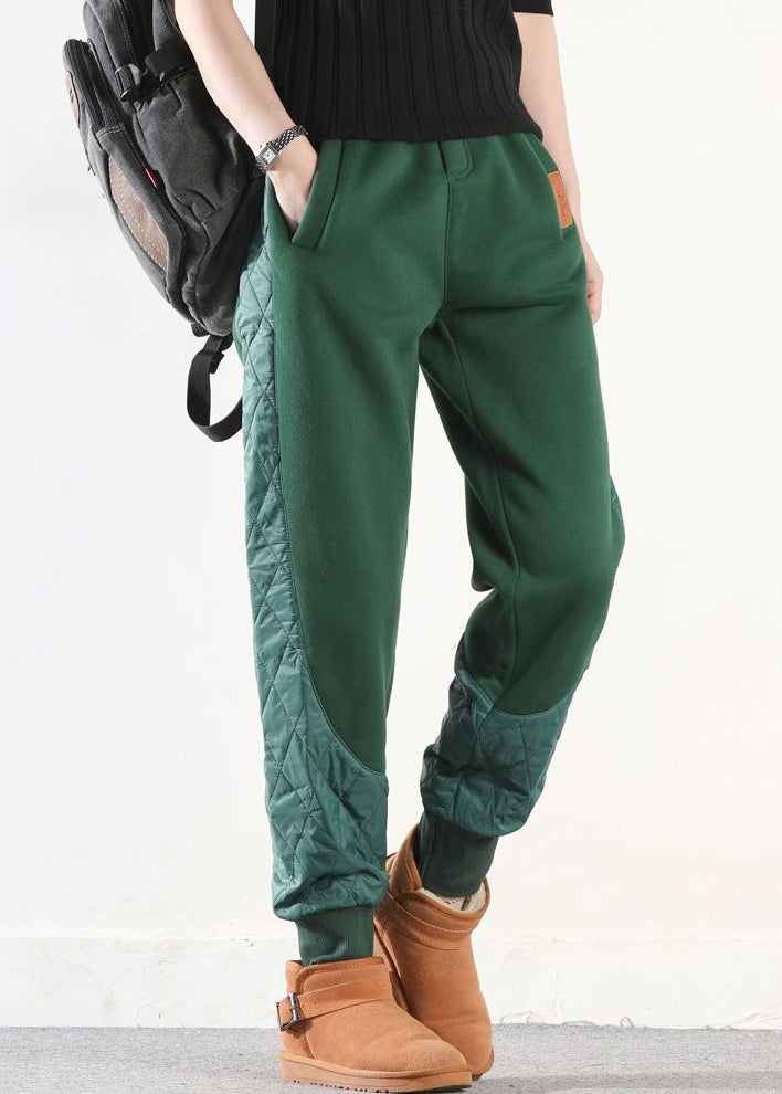 Loose Green Asymmetrical Pockets Patchwork Cotton Filled Pants Winter
