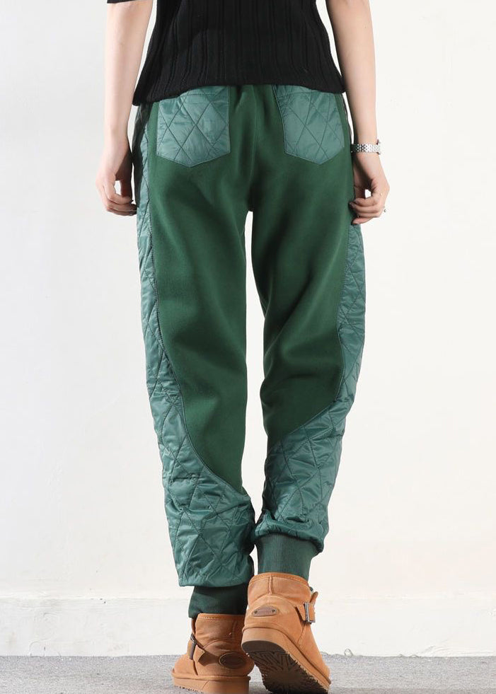 Loose Green Asymmetrical Pockets Patchwork Cotton Filled Pants Winter