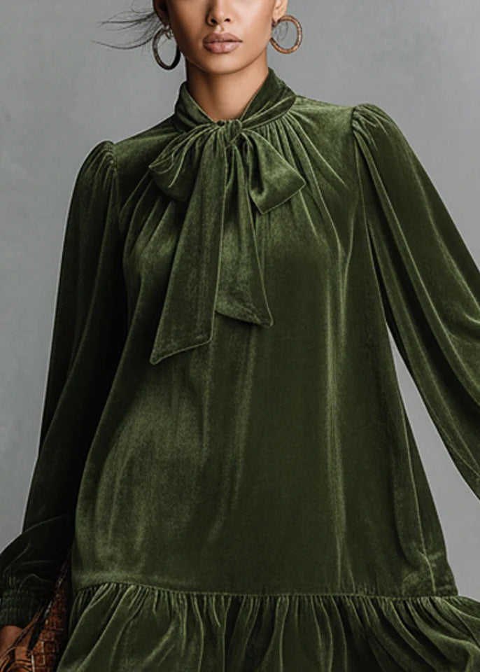 Loose Green Bow Wrinkled Solid Silk Velvet Mid Dress Spring