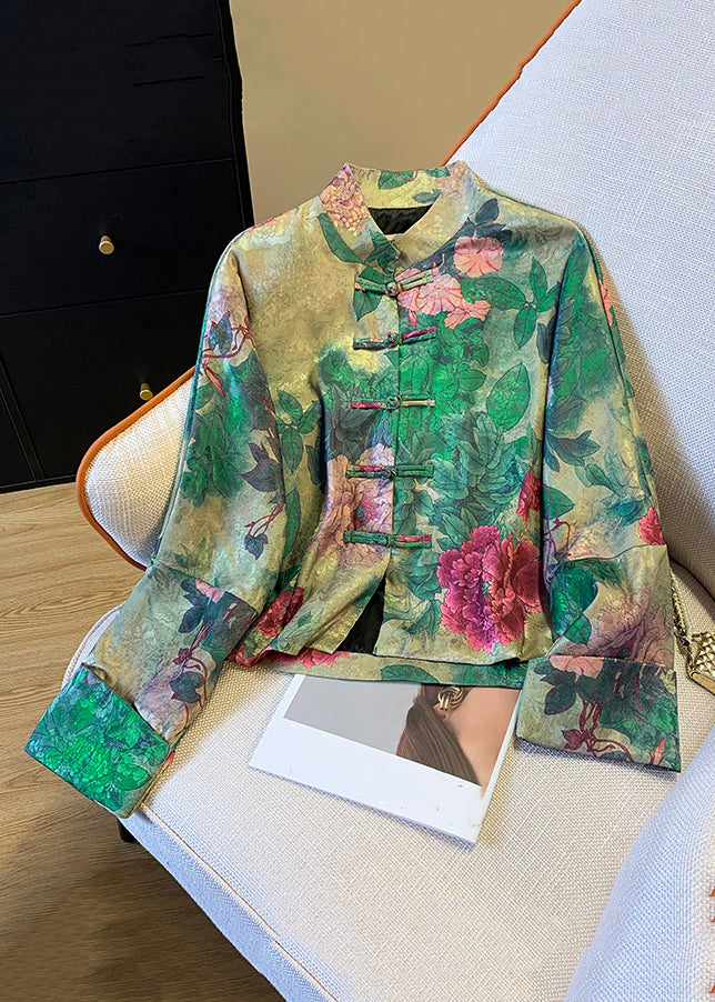 Loose Green Chinese Button Print Silk Coats Fall