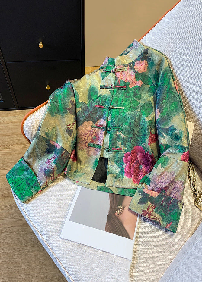 Loose Green Chinese Button Print Silk Coats Fall
