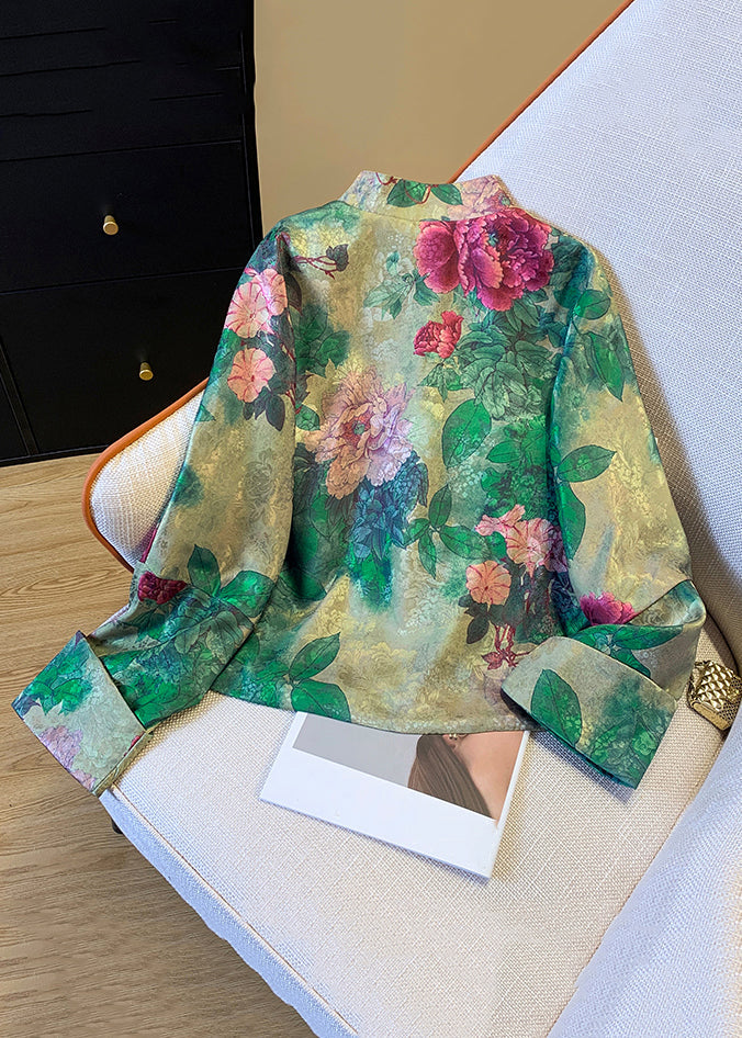 Loose Green Chinese Button Print Silk Coats Fall