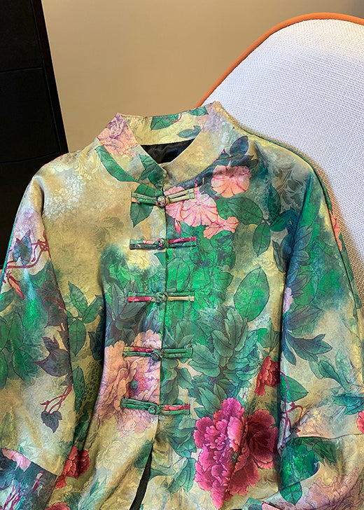 Loose Green Chinese Button Print Silk Coats Fall