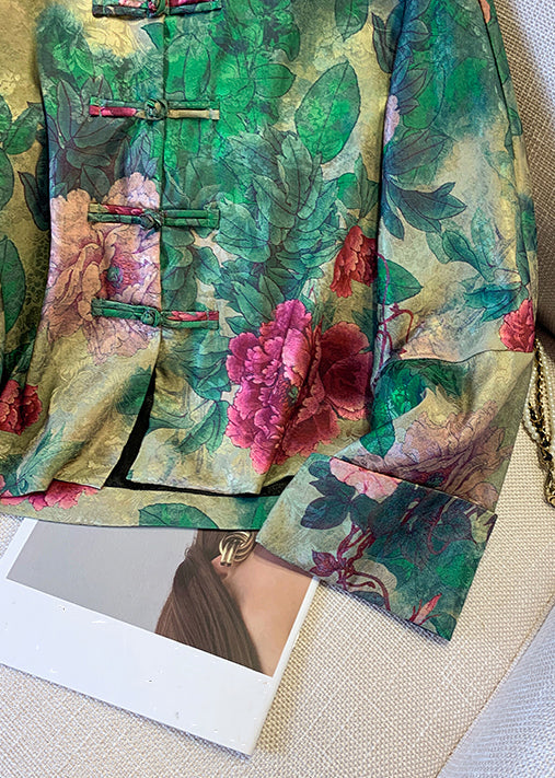 Loose Green Chinese Button Print Silk Coats Fall