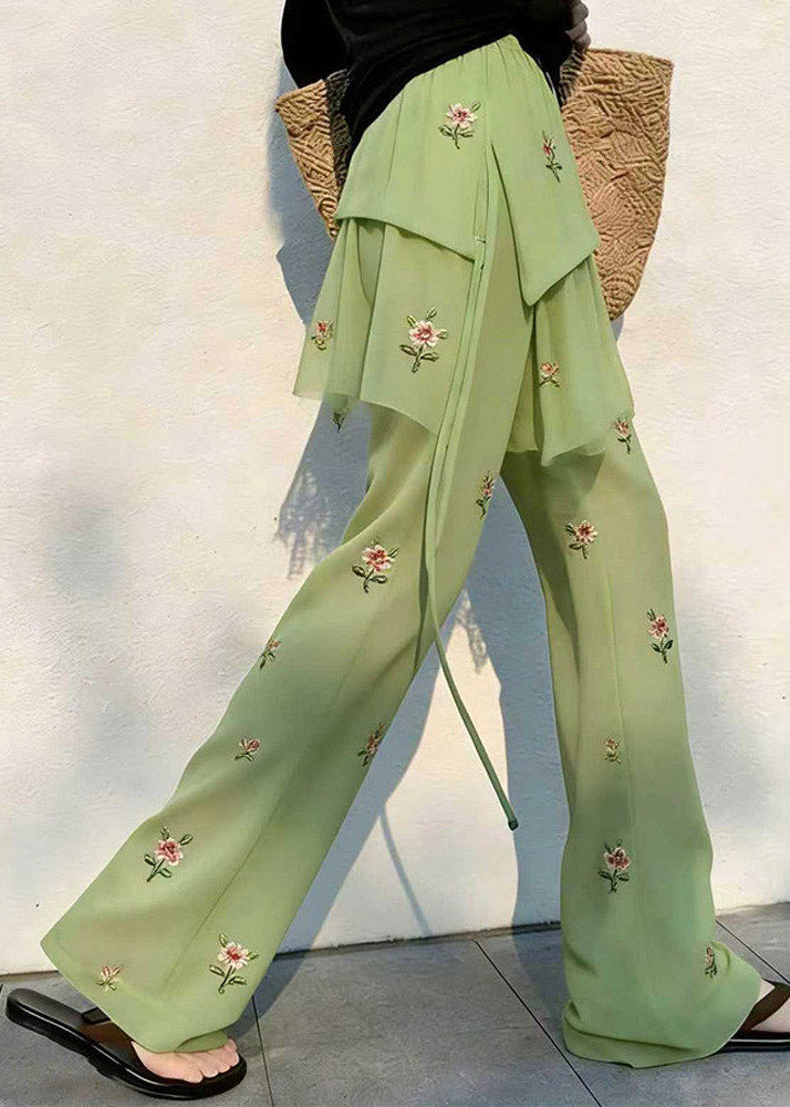 Loose Green Elastic Waist Patchwork Tulle Straight Pants