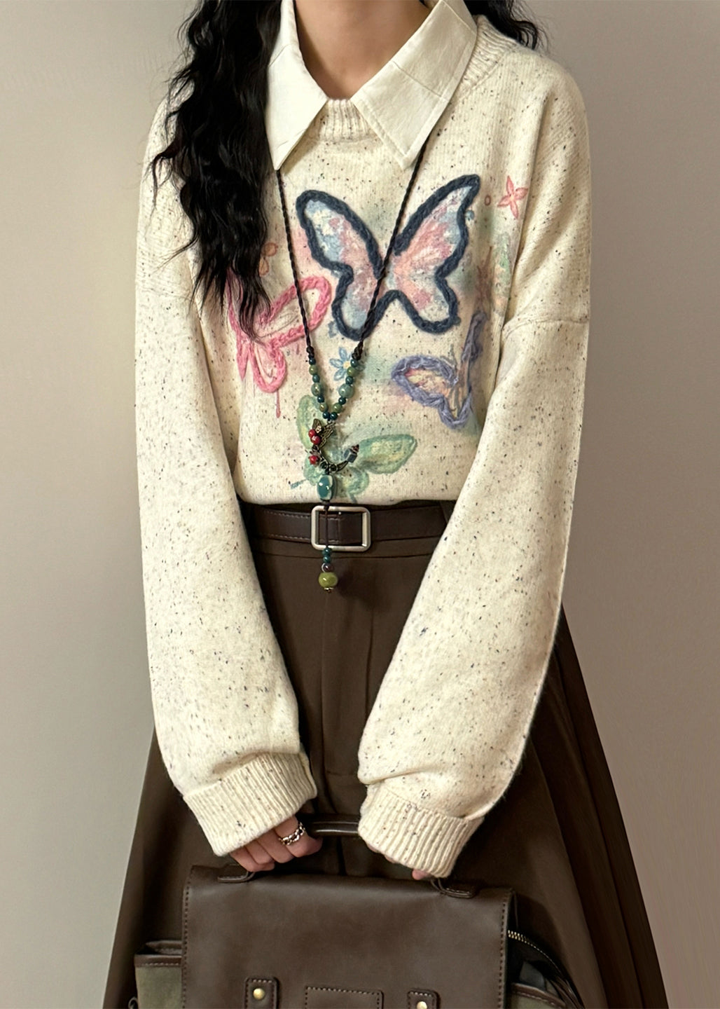 Loose Green Embroidered Butterfly Knit Sweater Tops Spring