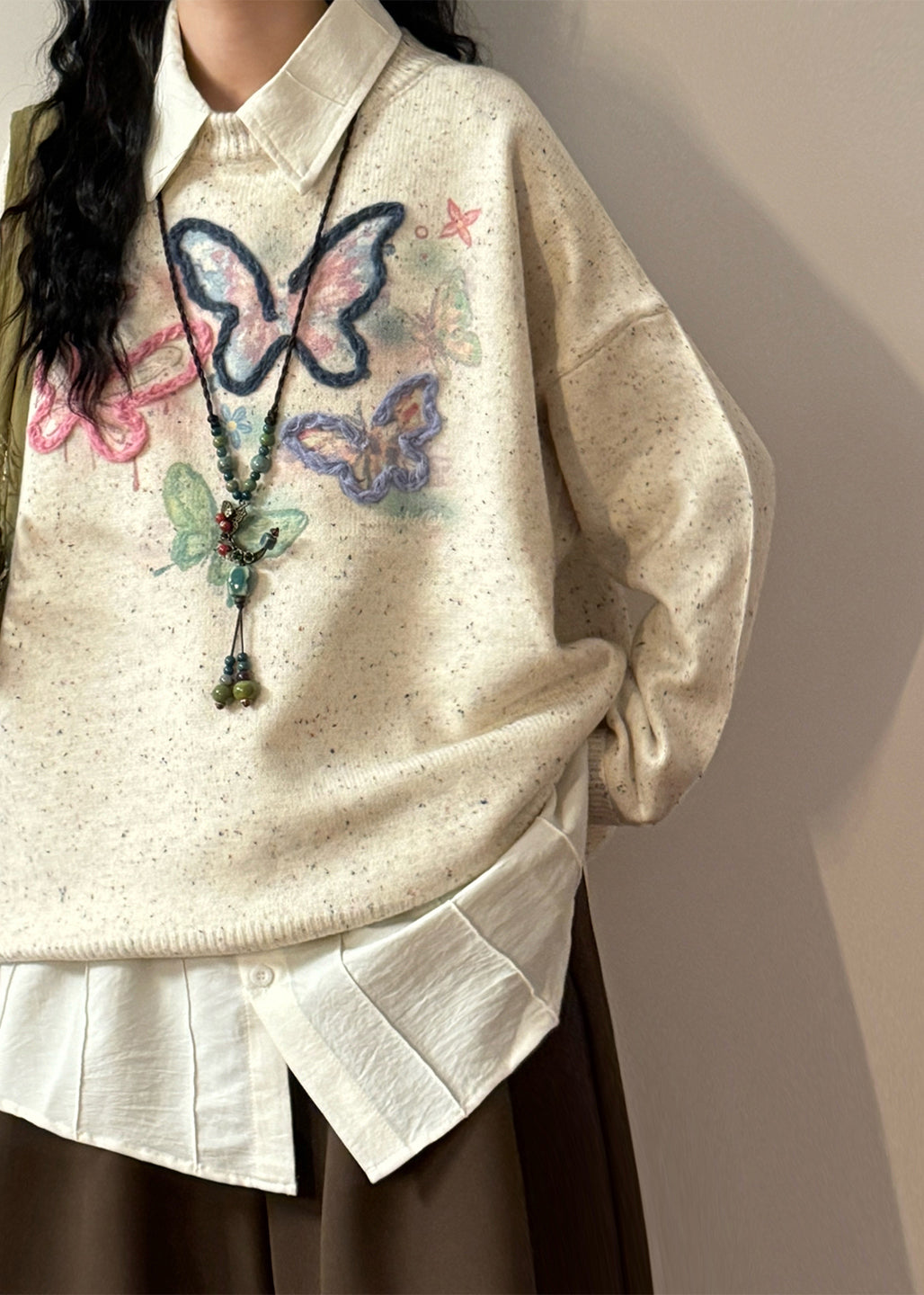 Loose Green Embroidered Butterfly Knit Sweater Tops Spring