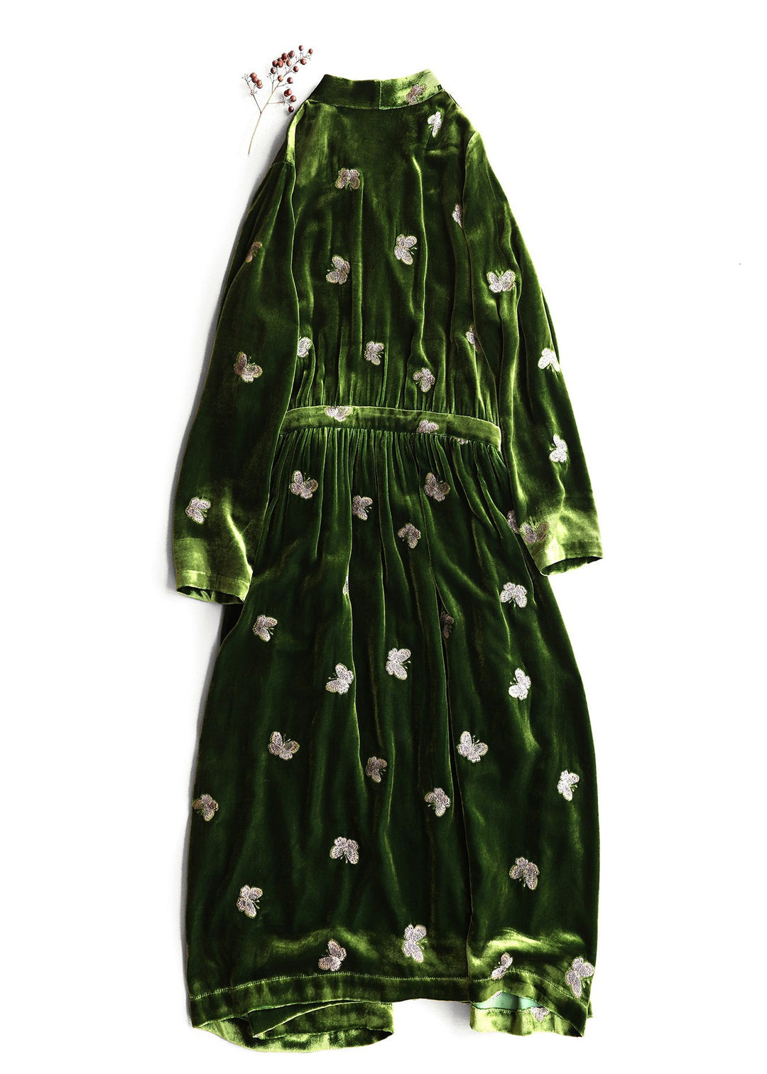 Loose Green Embroidered Butterfly Lace Up Silk Velvet Long Dress Fall