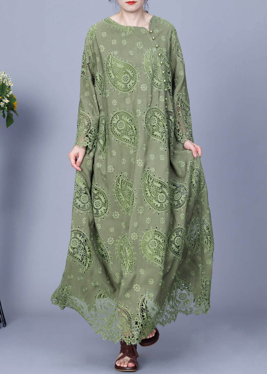 Loose Green Embroidered Button Cotton Maxi Dress Long Sleeve