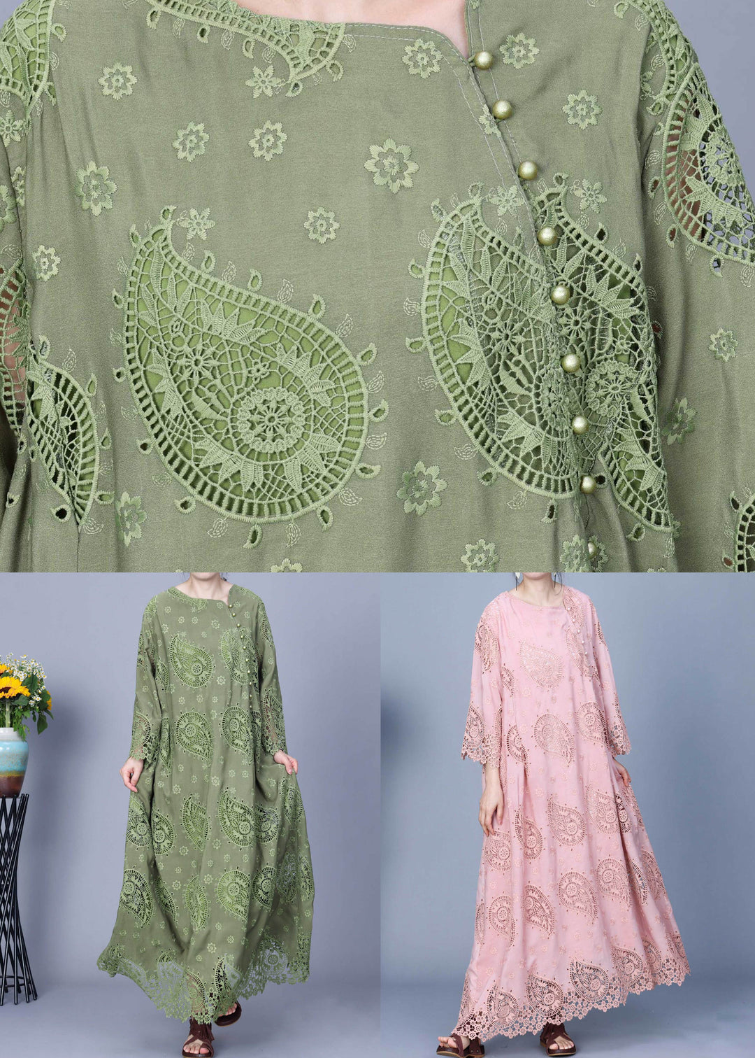 Loose Green Embroidered Button Cotton Maxi Dress Long Sleeve