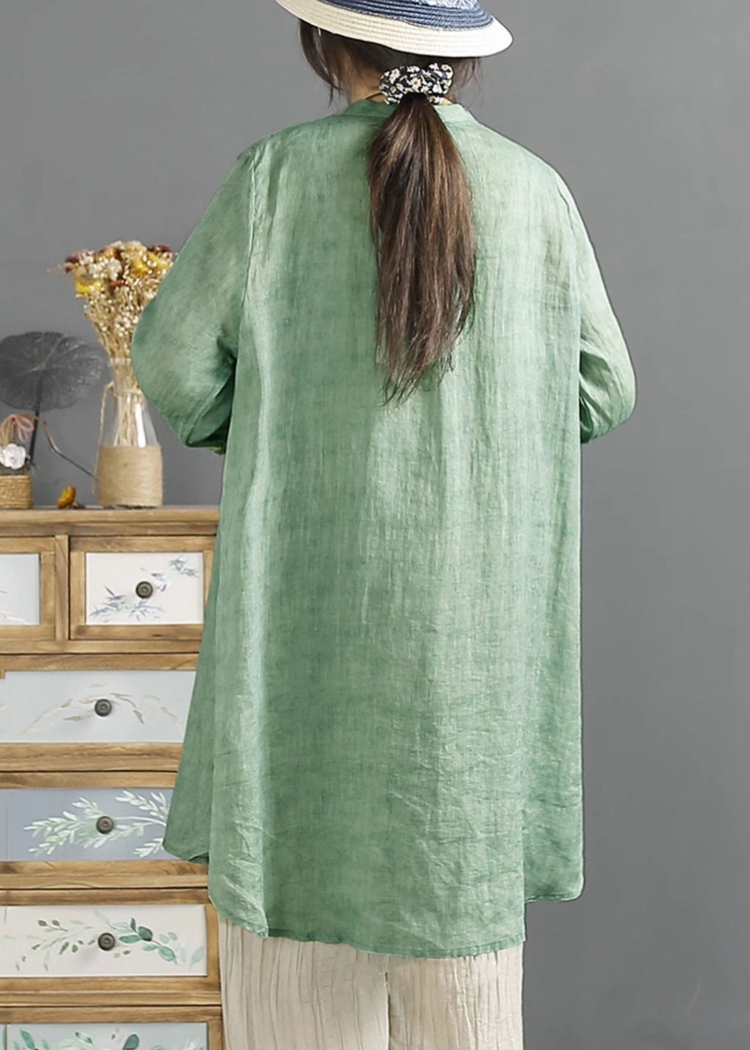 Loose Green Embroidered Button Cotton Shirt Summer