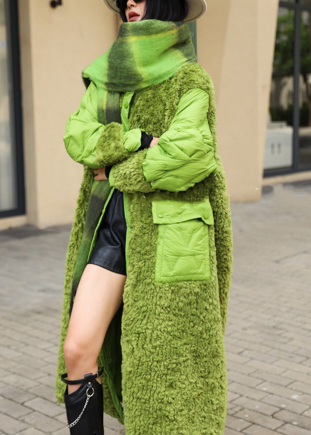 Loose Green Fluffy Pockets Patchwork Duck Down Down Long Coats Winter