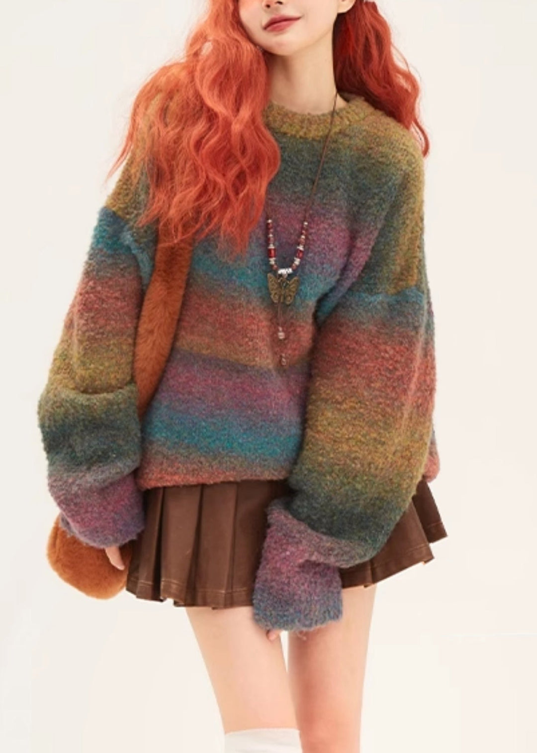 Loose Green Gradient Color Cozy Knit Sweater Winter