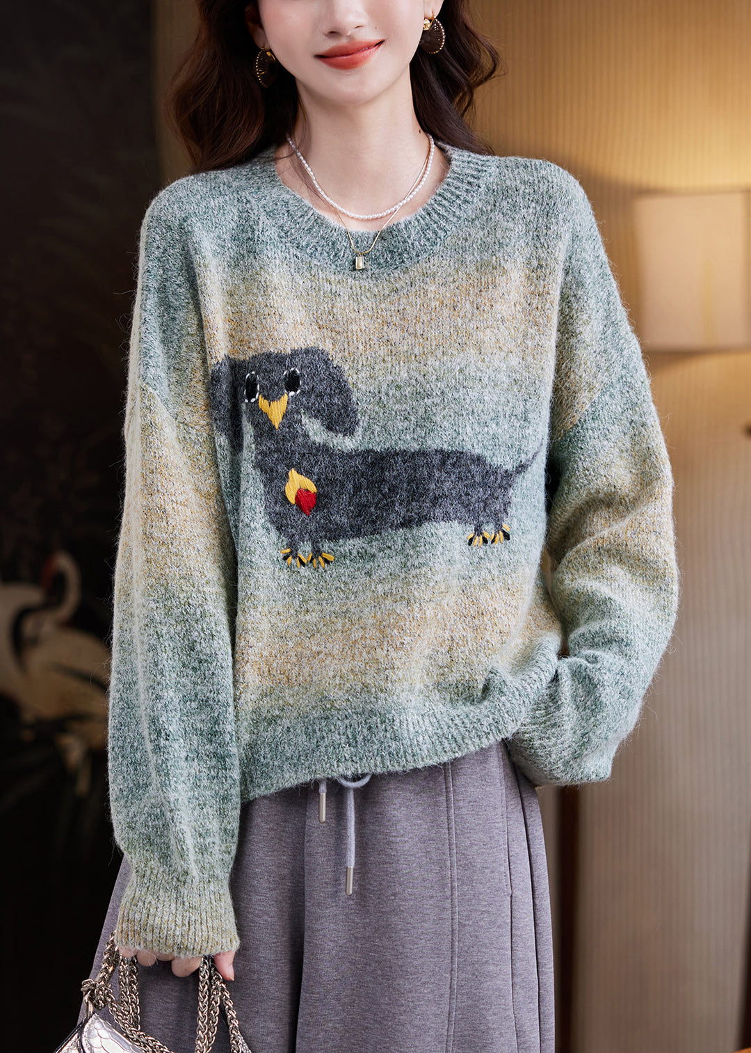 Loose Green Gradient Color O Neck Animal Knit Sweater Winter