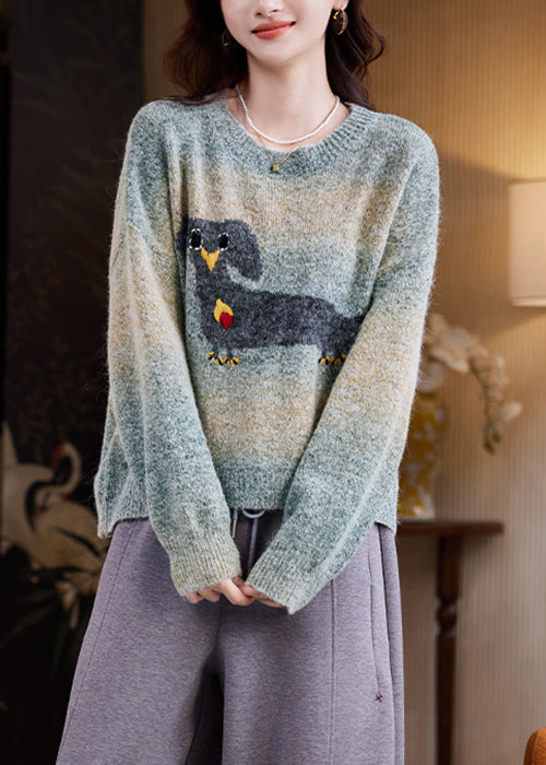 Loose Green Gradient Color O Neck Animal Knit Sweater Winter