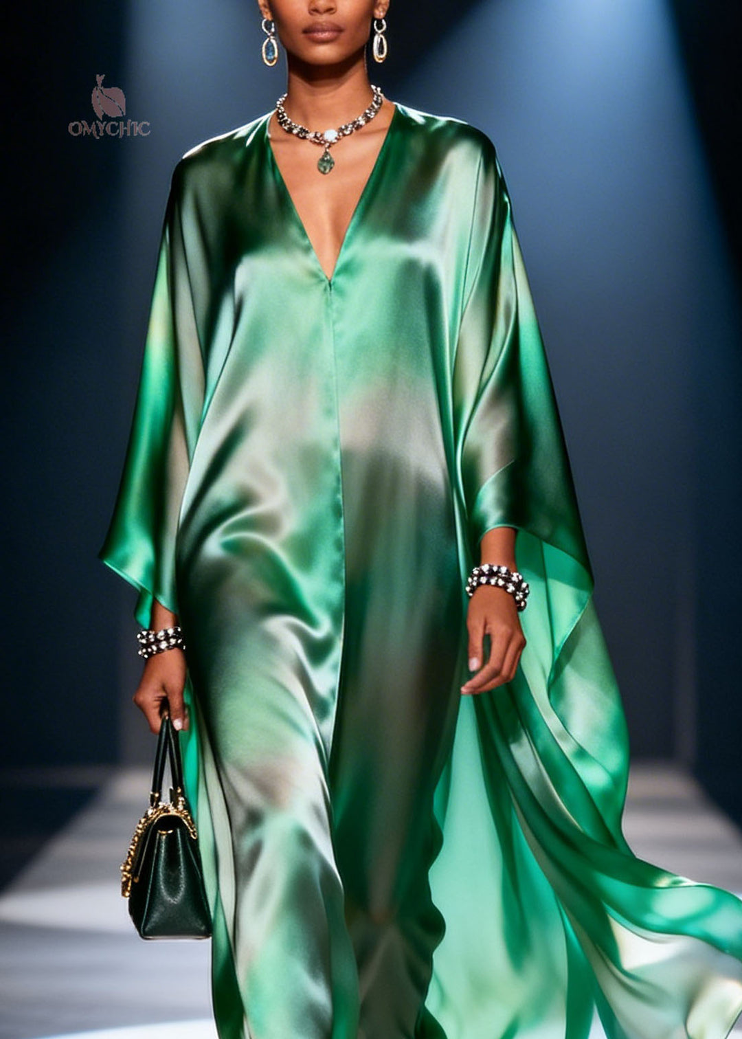 Loose Green Gradient V Neck Chiffon Dresses Summer
