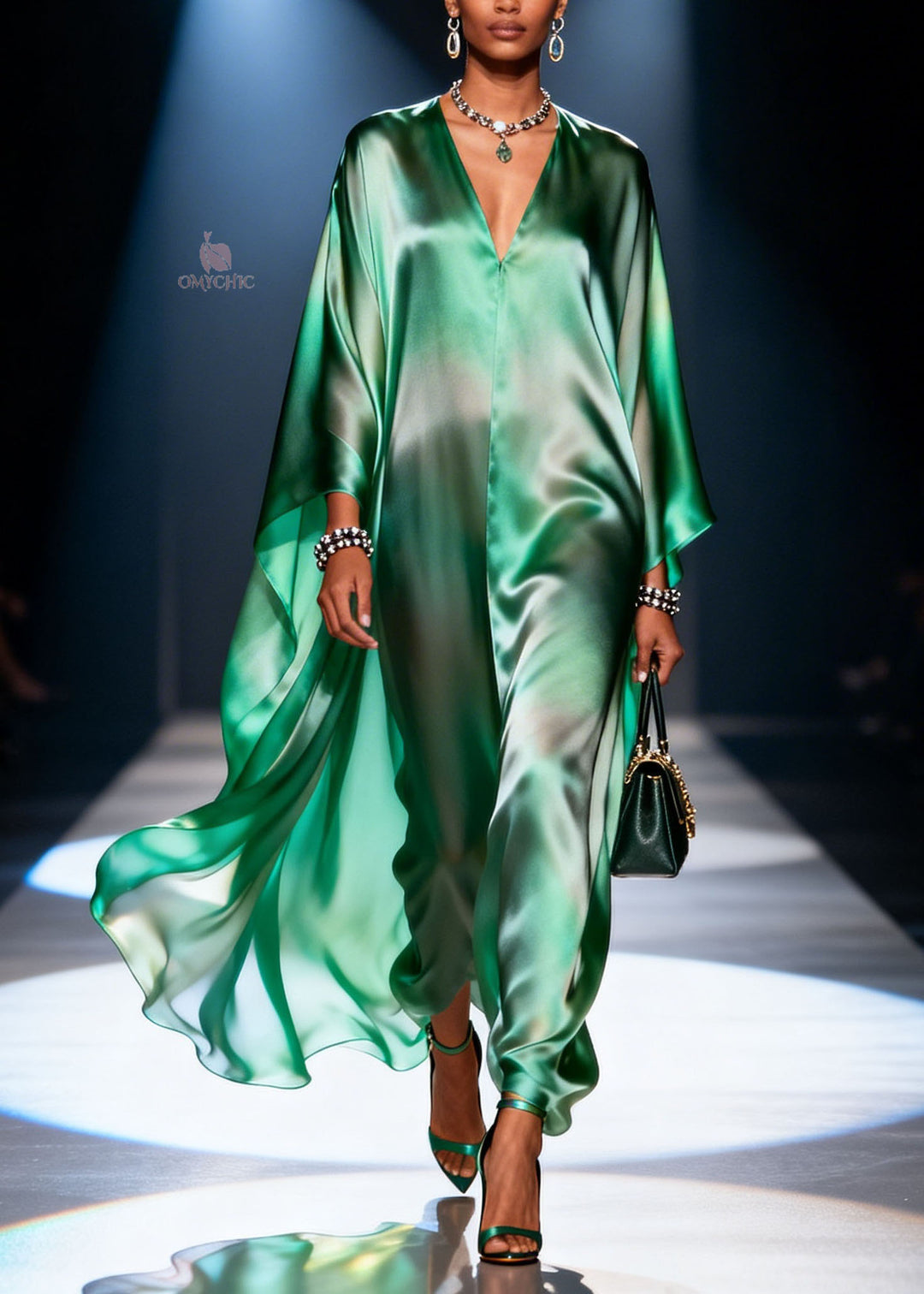 Loose Green Gradient V Neck Chiffon Dresses Summer