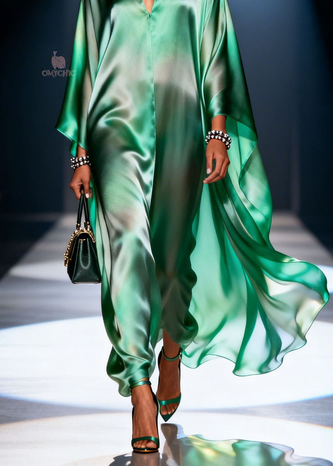 Loose Green Gradient V Neck Chiffon Dresses Summer