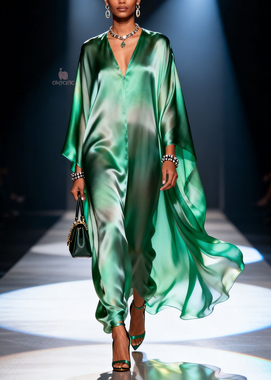 Loose Green Gradient V Neck Chiffon Dresses Summer