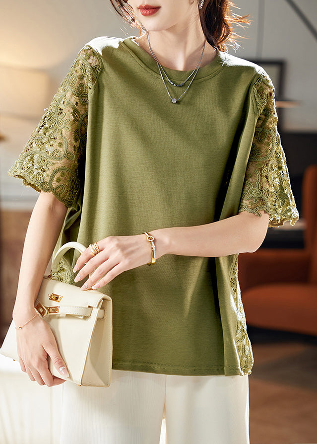 Loose Green Hollow Out Lace Patchwork T Shirts Summer