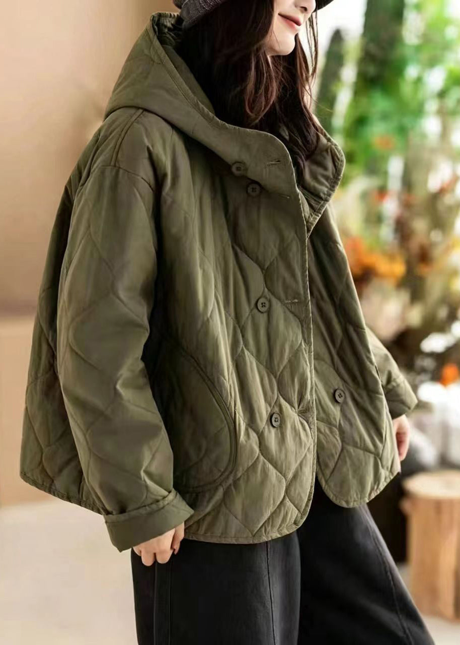 Loose Green Hooded Button Diamond Quiled Cotton Filled Jackets Winter