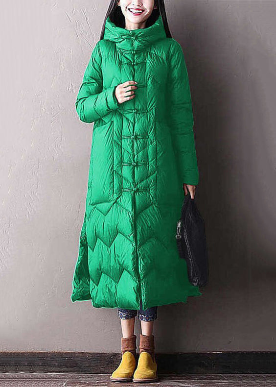 Loose Green Hooded Chinese Button Side Open Duck Down Long Coat Winter