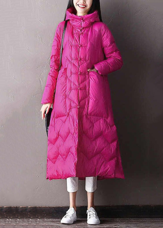 Loose Green Hooded Chinese Button Side Open Duck Down Long Coat Winter