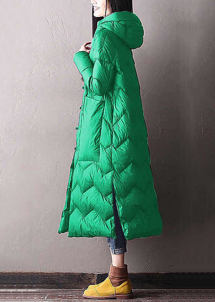 Loose Green Hooded Chinese Button Side Open Duck Down Long Coat Winter
