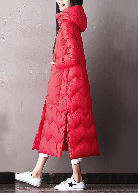 Loose Green Hooded Chinese Button Side Open Duck Down Long Coat Winter