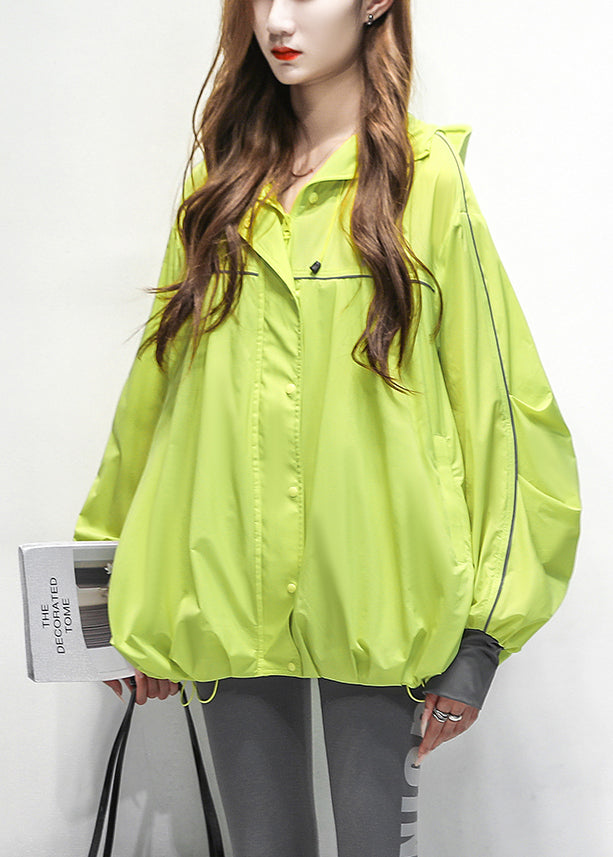 Loose Green Hooded Drawstring Patchwork Cotton Coat Summer