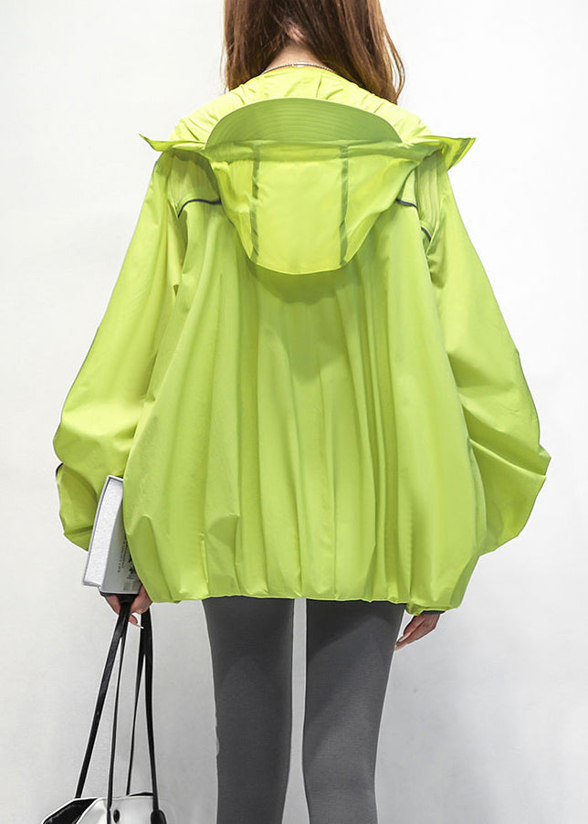 Loose Green Hooded Drawstring Patchwork Cotton Coat Summer