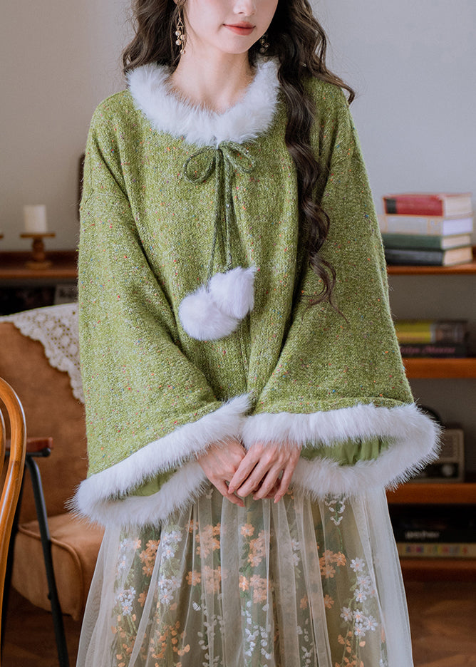 Loose Green Lace Up Fuzzy Ball Patchwork Knit Coat Winter