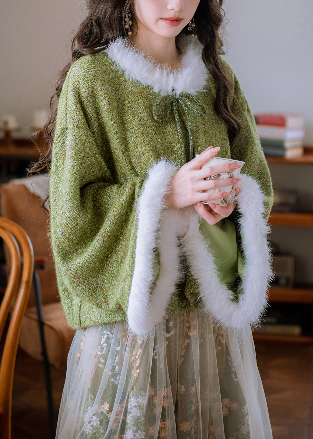 Loose Green Lace Up Fuzzy Ball Patchwork Knit Coat Winter