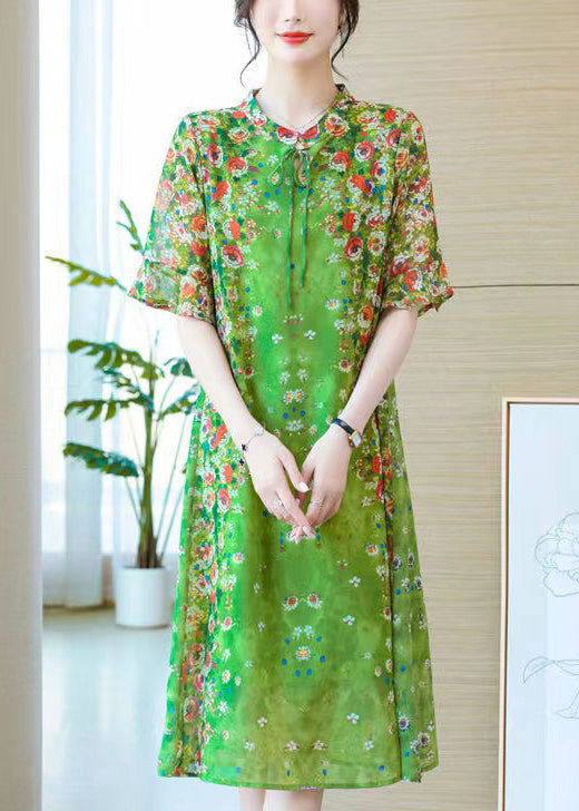 Loose Green Lace Up Print Silk Long Dresses Summer