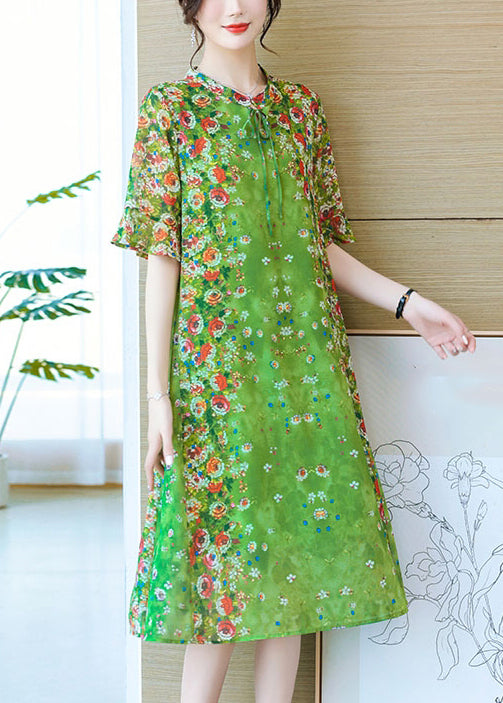 Loose Green Lace Up Print Silk Long Dresses Summer