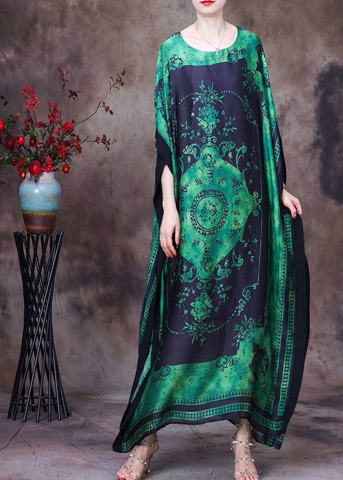 Loose Blue Flower O-Neck Asymmetrical Design Print Silk Beach Dress Gown Batwing Sleeve